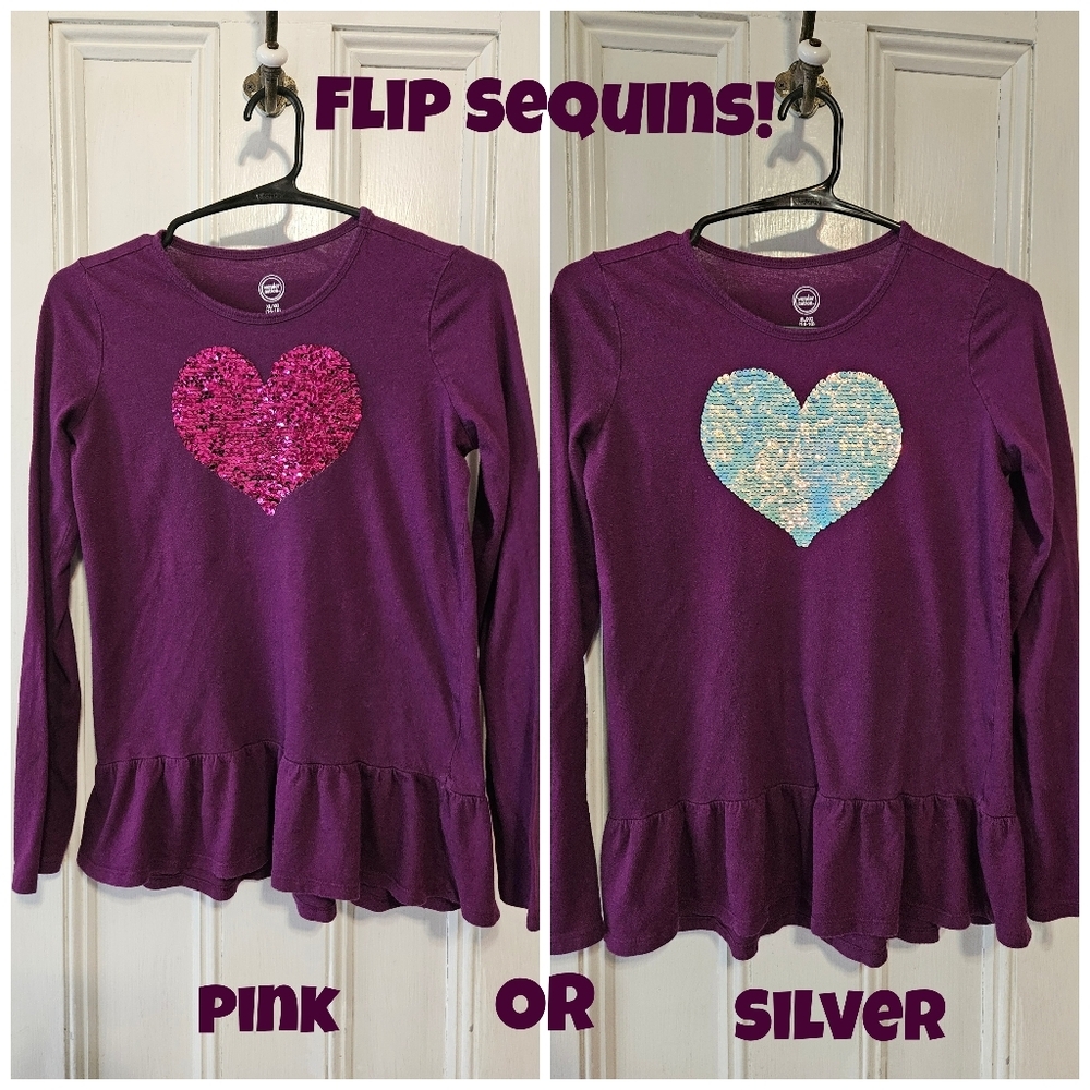 Wonder Nation Purple Flip Sequin Heart Long Sleeve Top Girls Size 14-16